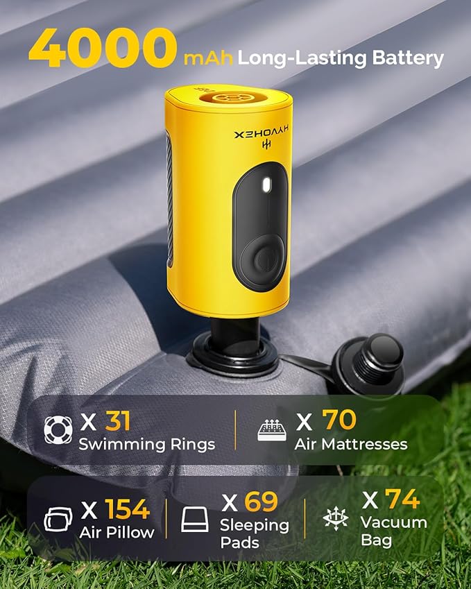 Portable Air Pump for Inflatables, 4000mAh Ultra Fast Air Mattress Pump with Advanced Heat Dissipation, 3 Nozzles Electric Air Pump Inflate Deflate for Sleeping Pads, Pool Floats