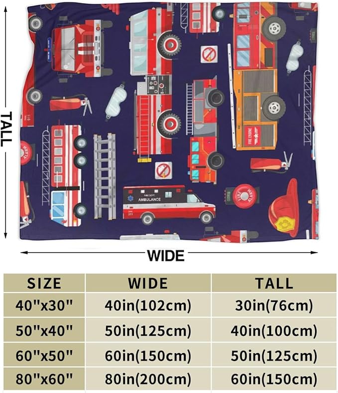 Fire Truck Blanket Soft Cozy Truck Plush Throw Blanket Warm Firefighter Car Flannel Fleece Bedding Stuff Decor Blanket Gifts for Lover Teens Kids Girls Boys Women Adults Bed Travel 60"x80"