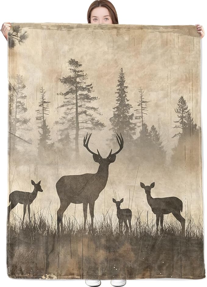 Vintage Deer Blanket Nature Wildlife Art with Rustic Forest Silhouette Throw Blankets Lightweight Flannel Throws for Camping Couch Chair Bed Home Decor Gifts for Animal Lover,50x40inch