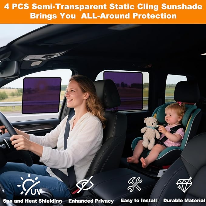 Car Window Shades – Static Cling Sun Shade for Front & Rear Side Windows – 2 Sizes (15.75" x 13.78" & 20.87" x 13.78") – Car Privacy Window Covers with Glare Blocker – No Tools Needed