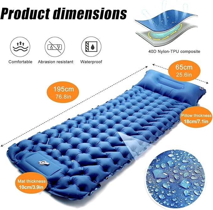 Camping Sleeping Pad, Extra Thick Ergonomic Camping Mattress with Built-in Pump, Lightweight and Compact for Backpacking, Hiking, Tent