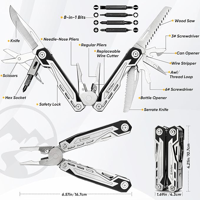 Multper Multitool Pliers MP003AB, 21-in-1 Stainless Steel Multi Tool with Pocket Knife, Screwdriver, Self-locking Pliers for Survival,Outdoor, Camping, Fishing,Hiking, Simple, Repair, Gifts for Men