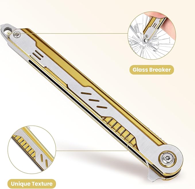 FUNBRO Cool Pocket Knife Gifts for Men, EDC Tanto Blade Folding Knives with Clip, Flipper Open Survival Knife with Window Breaker and Liner Lock for Outdoor Camping (Gold)