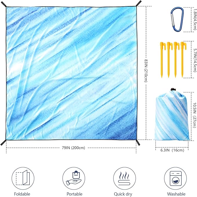 HIHOHO Beach Blanket Waterproof Sandproof Beach Mat for 1-8 Adults Quick Drying Durable Outdoor Picnic Mat for Beach Festival Travel Camping Hiking (Slanting-BL&W, 79"×83"(4 Person))