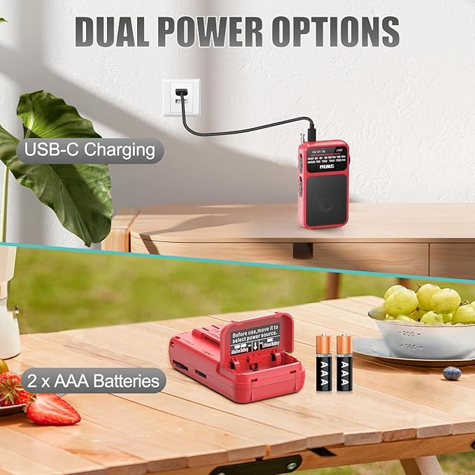 PRUNUS J-555 Pocket Radio AM FM USB-C Charging& Battery Operated, Excellent Reception& Clear Speaker and Headphone Jack, Back Clip, Flashlight, Transistor Radios, Portable Radio AM FM, Mini Radios