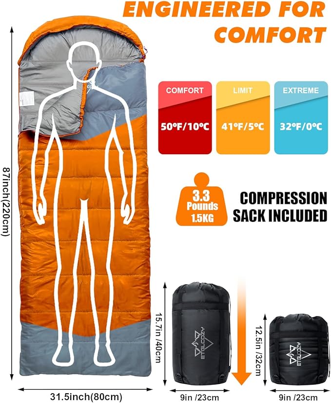 Lightweight 3-Season Sleeping Bag for Adults/Kids Camping, Compact w/Compression Sack, Waterproof Ripstop, Portable for Backpacking Hiking Travel