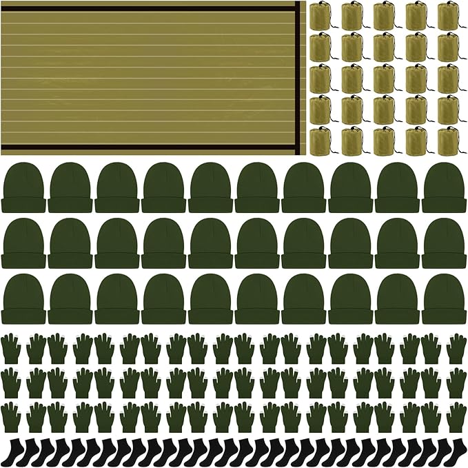 Chicingyou 120 Pcs Homeless Care Package Supplies Bulk Winter Emergency Thermal Blankets Warmer Beanie Socks Touchscreen Gloves for Men Women Cold Weather Outdoor Survival Kits (Green,Black)