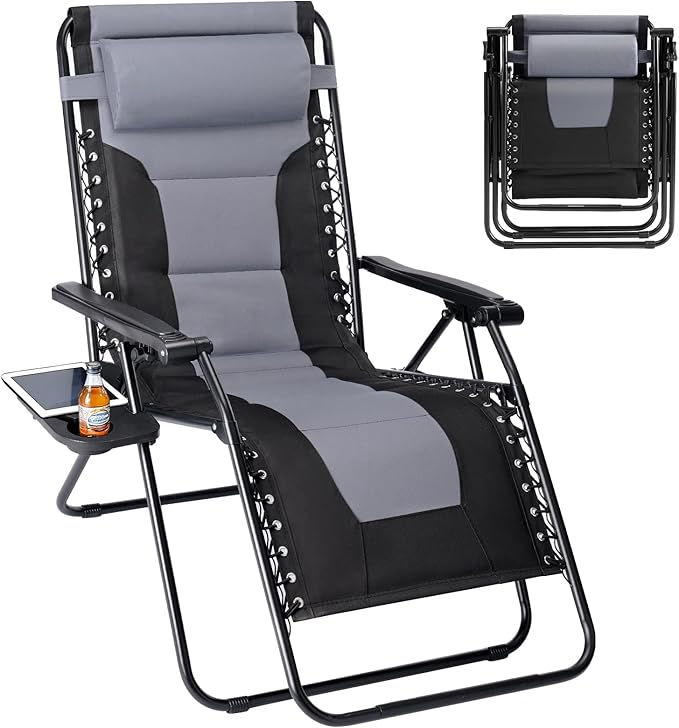 Sweetcrispy Zero Gravity Chairs, Foldable Patio Reclining Chairs with Adjustable Pillow & Cup Holder, Oversized Portable Support 400 lbs, for Backyard Camping(Black-Gray)