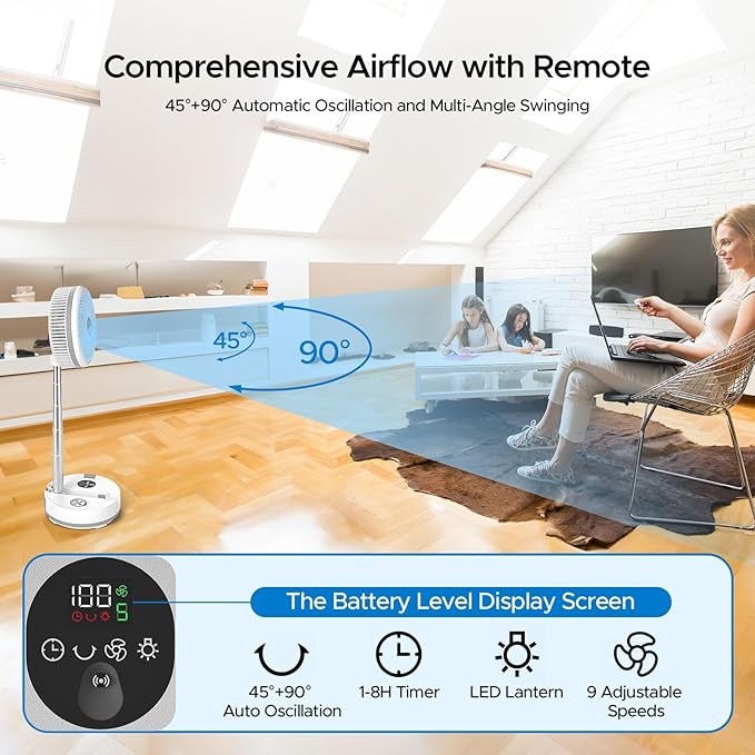 neofeel 10.43'' Portable Pedestal Standing Fan, 40000mAh 106hrs Rechargeable Oscillating Fan with Remote/1-8H Timer, RGB Lighting, Floor Fan for Bedroom Party Camping (White, 40000mAh)
