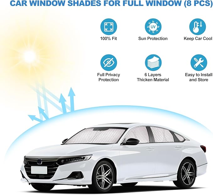 XCBYT 2018-2024 Accord Full Coverage Window Shades | 6-Layer Blackout Insulated Sun & UV Protection | Custom Fit Privacy Covers for Camping, Sleeping & Car Living (8 PCS)