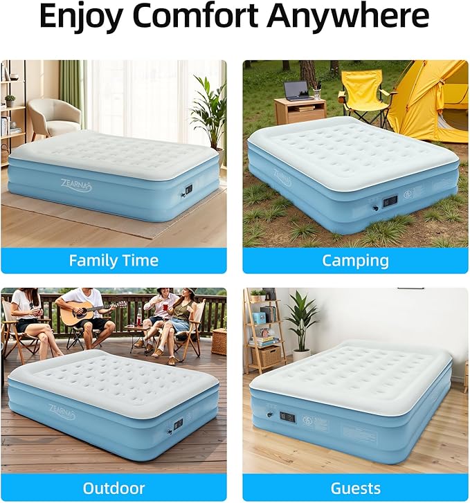 Zearna Air Mattress Queen with Built in Pump, Blow Up Mattress 18 Raised Comfort, Upgraded Surface Portable Air Bed with Pillow, Inflatable Mattress for Camping, Home and Guest, 650 lbs Max