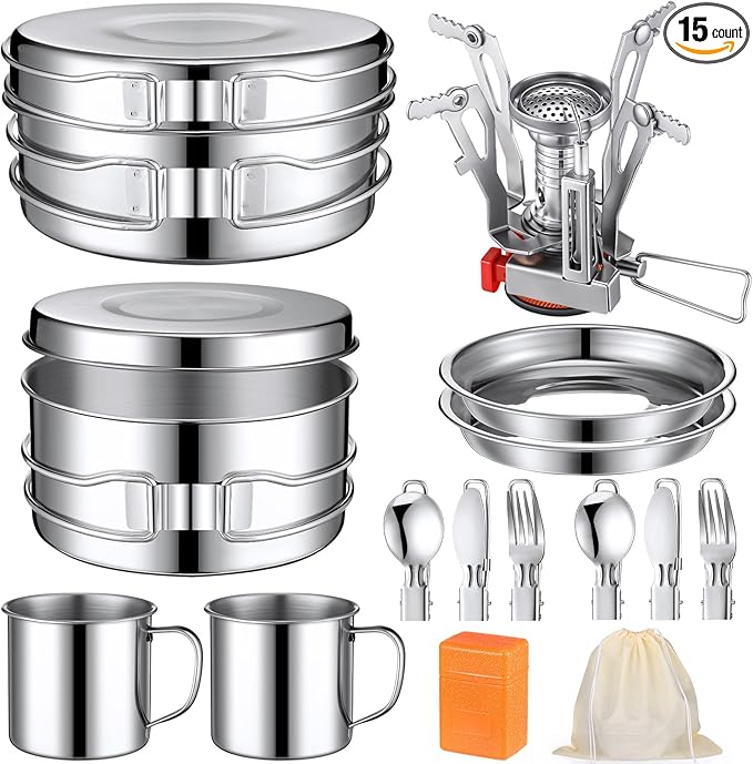 Funnymoom 15 Pcs Camp Cooking Set Stainless Steel Camping Cookware Mess Kit with Pot Pan and Stove 2 Set Stainless Steel Cups Plates Forks Knives Spoons for Camping Backpacking Outdoor Cooking Picnic