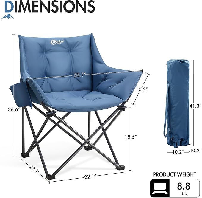 Portal Oversized Padded Camping Chair - Heavy Duty Folding Chair with Cup Holder & Side Pocket, Supports 350 lbs, for Camping, Lawn, Sports, Blue