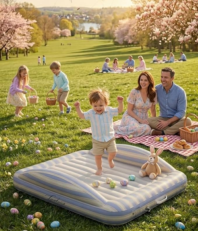 Luxchoice Inflatable Toddler Travel Bed with Cordless Rechargeable Pump, Comfy Removable Flocked Kids Air Mattress & Safety Rails, 63'' Portable Blow up Bed for Outdoors Camping Sleepover Travel Home