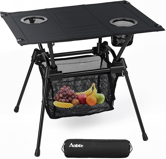 Anbte Ultralight Portable Camping Table, 3.2lb Folding Camping Table with Cup Holders & Storage Net, 20in Height for Camping Hiking Tailgating Beach Picnic Travel Patio, 23" x 16", Black
