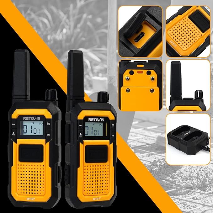 Retevis RB48 Waterproof Walkie Talkies with Earpieces, MIL-STD 810H Two Way Radios, 2-M Fallproof, VOX, 2000 mAh, Dual PTT, Vibration Call, Portable FRS Two-Way Radios Long Range, for Jobsite(4 Pack)