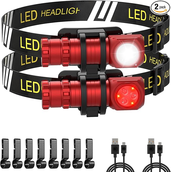 High Lumens LED Rechargeable Headlamp for Adults - Hard Hat Light Running Head Lamp with Red Light, Magnet, 180° Tilt, 7 Modes, Detachable Flashlight & Headband, Outdoor, Emergency Use 2PC Red
