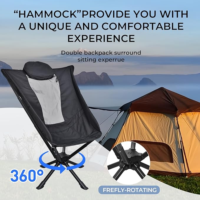 East Oak Swivel Camping Chair – High-Back Portable Folding Chair with Pillow, Sets Up in Seconds, Supports Up to 350 lbs, Compact Lightweight Backpacking Chair for Hiking, Beach, and Sports Events