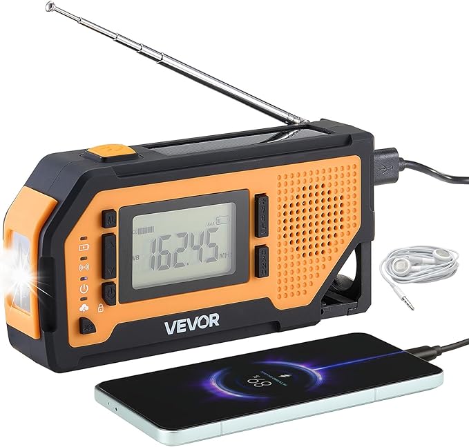 VEVOR Emergency Weather Radio, 2000mAh Battery, FM/AM/WB/NOAA Alert Solar Hand Crank Emergency Radio, with USB Charging Cable, SOS Alarm and Flashlight, Portable for Outdoor Emergencies, Camping