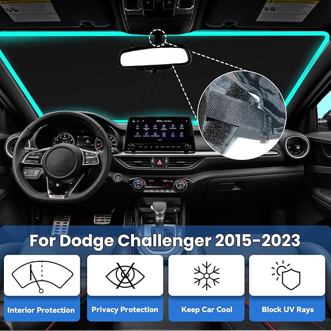 Windshield Sun Shade for Dodge Challenger 2015-2023, Car Front Window Sunshade with 240T Sun Visor Protector Blocks UV Rays Heat Sun Shield Accessories