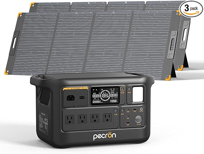 PECRON F1000LFP Portable Power Station with 2 x 300W Solar Panels, 1500W, 1004Wh LiFePO4 Battery Solar Generator, UPS, Fast Charging, Perfect Power Backup for Camping, Home Use, RV