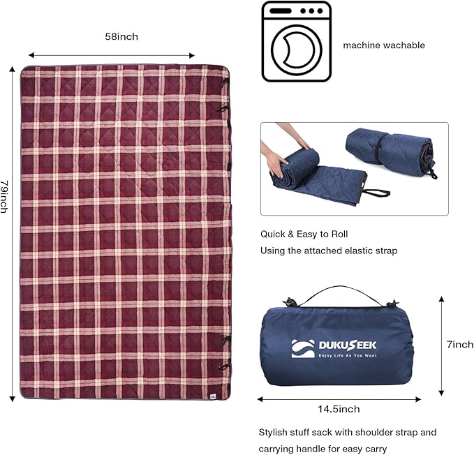 DUKUSEEK Hooded Outdoor Blanket, Extra Large 79" x 59" Waterproof Camping Blanket, Quilted, Thick Fleece, Warm, Windproof, Sand Proof, Portable and Wear-Resistant, Perfect for Stadium, Picnic