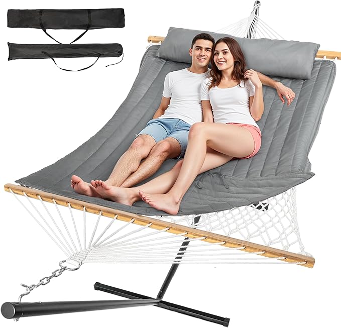 Everyfun 2 Person Outdoor Hammock with Stand, Cotton Rope Hammock with Polyester Pad, Adjustable Steel Frame, Portable with Carrying Bag – for Patio, Backyard, Garden, Beach,Dark-Gray