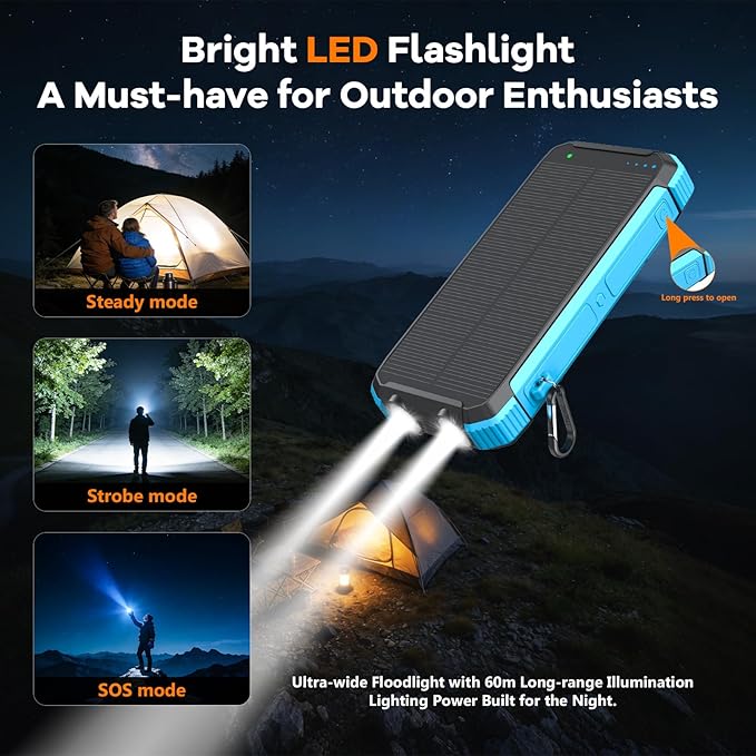 ERRBBIC Solar Charger Power Bank 20000mAh, Portable Wireless Charger, 15W Fast Charging External Battery Pack with Dual Flashlight and USB C Outputs, Outdoor Mobile Power Compatible with Cell Phones