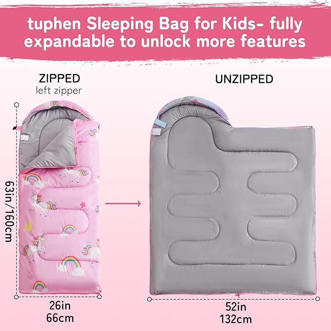 tuphen Kids Sleeping Bag - 50-77℉ 3-Season Waterproof Sleeping Bag for Boys & Girls, Lightweight 2.2 lbs Camping Gear with Compression Bag Ideal for Camping, Hiking, Indoor