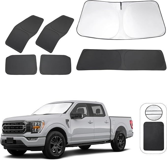 6PCS Windshield Sun Shade Custom Fit 2021-2024 2025 2026 Ford F150 F-150 (Lariat, King Ranch, Platinum, XL XLT Limited Raptor) Accessories Foldable Side Rear Window Shade Cover Full Set Keeps Cool