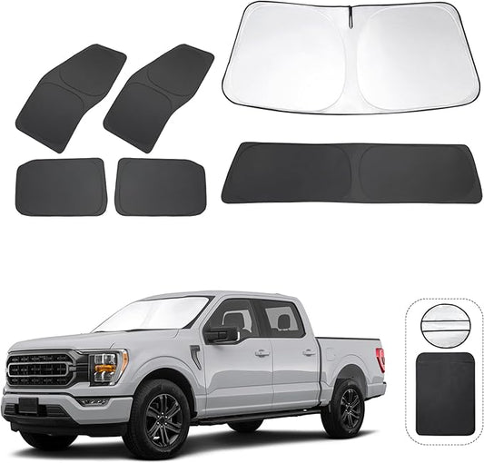 6PCS Windshield Sun Shade Custom Fit 2021-2024 2025 2026 Ford F150 F-150 (Lariat, King Ranch, Platinum, XL XLT Limited Raptor) Accessories Foldable Side Rear Window Shade Cover Full Set Keeps Cool