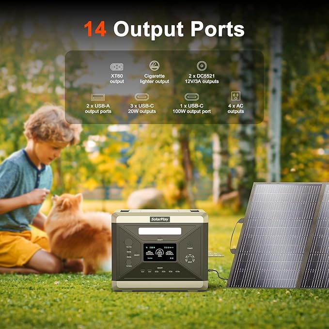 SolarPlay Portable Power Station 2400W/2160Wh LiFePO4 Battery Solar Generator with 200W panel included, Essential Home Backup for Home Use, Power outage, RV, Camping