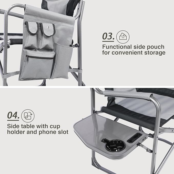EVER ADVANCED Aluminum Lightweight Folding Director Chair, 350lbs Heavy Duty Camping Chair with Side Table & Storage, 19" Joint-Friendly Height Easy to Stand, Portable Makeup Artist & Vendor Chair