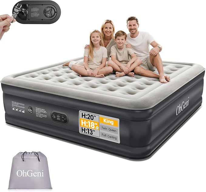 OhGeni King Size Air Mattress, Family Choice Award with Built in Pump, Ideal Alternative to a Bed, 18'' Comfortable Blow Up Colchones Inflables Mattress for Home, Guests, Portable Air Bed, 700 lbs