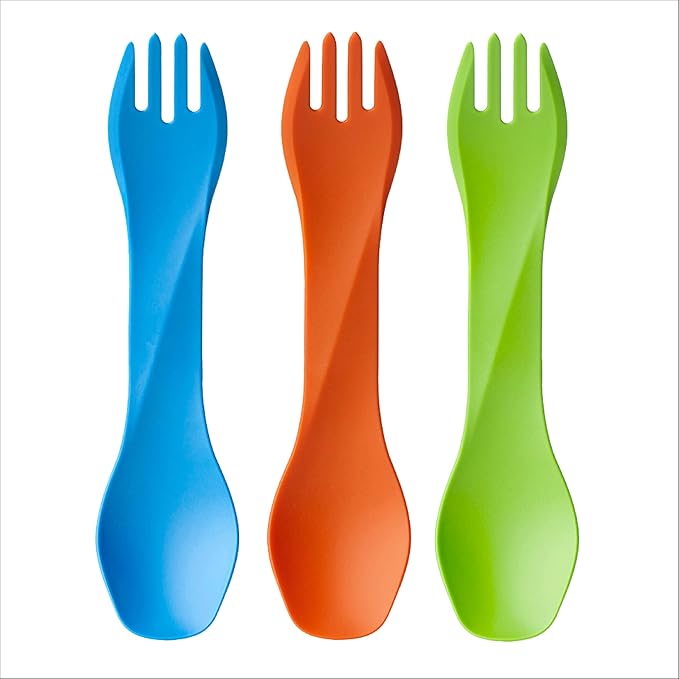 humangear GoBites Bio Uno Spork - Durable Plant-Based Travel Utinsel, Green/Light Blue/Orange, Bio Uno 3-Pack