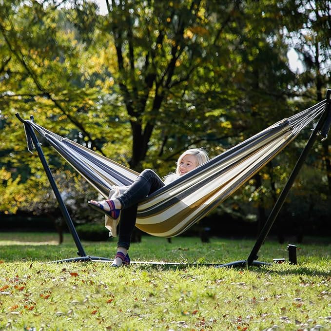 Vivere Double Cotton Hammock with Space Saving Steel Stand, Upgraded Polyester End Strings 450 lb Capacity - Premium Carry Bag Included (Desert Moon)