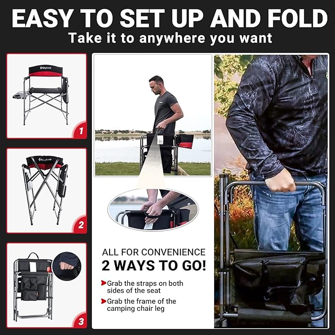 KingCamp 2-Pack Camping Folding Director Chairs with Side Table & Storage, Red