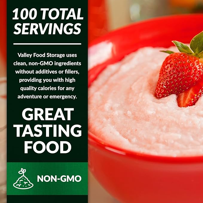 Valley Food Storage Freeze Dried Strawberry Creamy Wheat | 10-Bag Bucket, 100 Servings | Premium Emergency Food Supply, 25 Year Shelf Life | Survival Breakfast Food for Prepper Storage & Camping