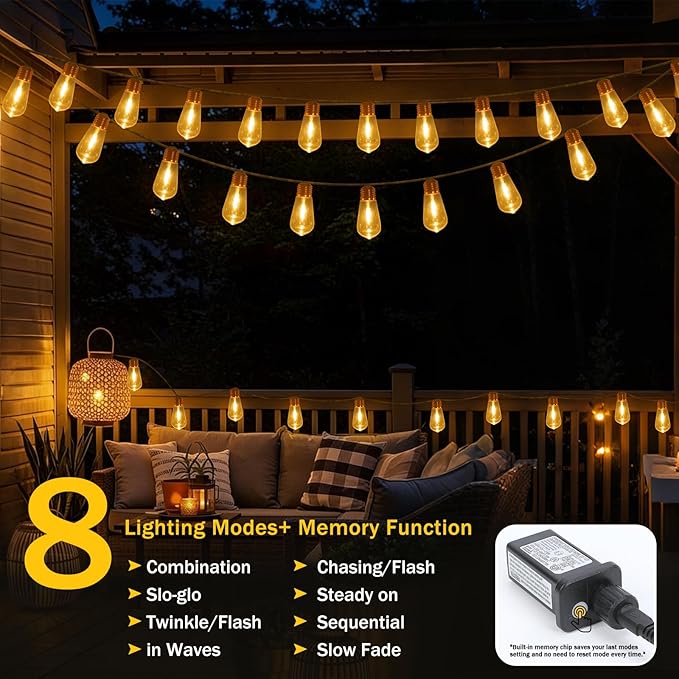 (New) Outdoor String Lights, 24FT 20 LED Hanging Bulbs Lights, IP65 Waterproof 8 Modes Plug-in Shatterproof Patio Globes Lights with Rope Hemp String for Backyard Balcony Camping Bistro - Warmwhite