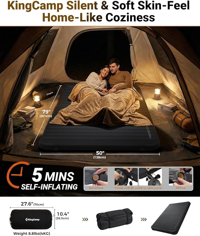 KingCamp Premium Double Self Inflating Sleeping Pad, 7.5 R-Value Air & Foam Camping Mattress 2 Person, 3" Thick Double Size Insulated Sleeping Pad with Pump Sack for Car Camp Tent, PVC Free, Black