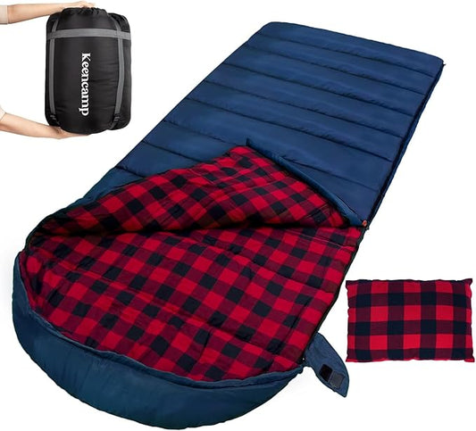 Keencamp 0 Degree Sleeping Bag Cotton Flannel Winter Cold Weather for Adults XXL Sleeping Bag 4 Season Big and Tall with Pillow Compression Sack