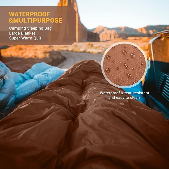 KingCamp Double Sleeping Bag for Adults, Queen Size 2 Person XXL Flannel Sleeping Bag, Waterproof Lightweight Flannel Quilt with 2 Pillows, Perfect for Couples Family Camping Hiking