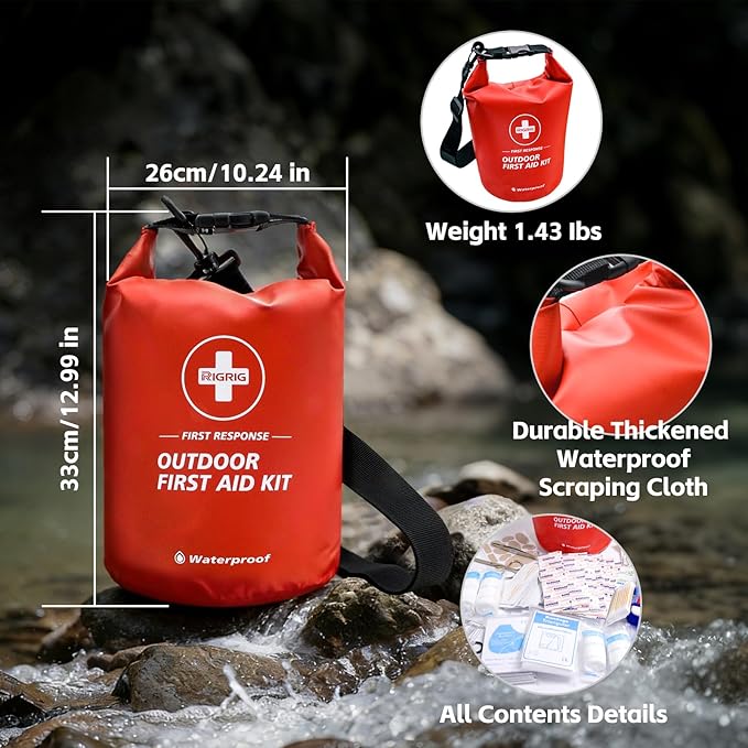 Waterproof First Aid Kit 186 Pcs Survival Gear, Portable Small Boat Dry Bag Bug Out Bags, Emergencies Medical Kit Ideal for Boating, Fishing, Hiking, Camping, Kayaking (Red)