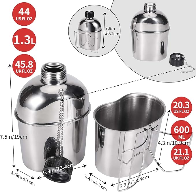Goetland Stainless Steel WWII US Army Canteen Water Bottle Military Canteen Kit 1.3QT with 0.6QT Cup Nylon Pouch G.I.