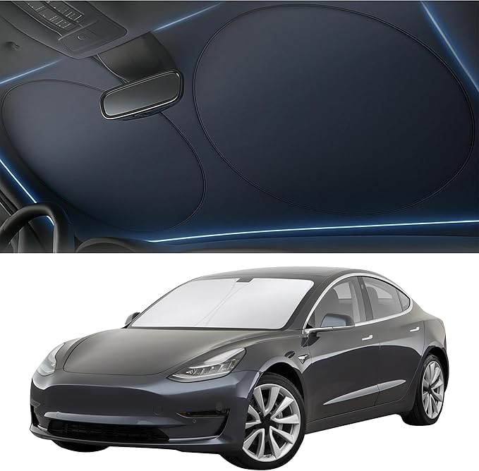 Tesla Windshield Sun Shade for Model 3 and Y - Size (56" x 36"), Premium 280T Reflective Sunshade, Heat Shield, UV Protection Foldable Front Window Sunshade with Storage Pouch Tesla Car Accessories