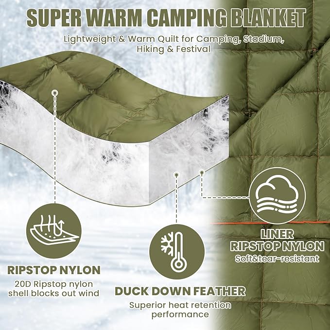 HunnmingRe Upgraded Hooded Down Camping Blanket Waterproof 650 Fill Puffy Poncho Blanket 77" x 50" Packable Wearable Sleeping Bag with Detachable Hat Outdoor Stadium Camping, 1.36 lb(Olive Green)