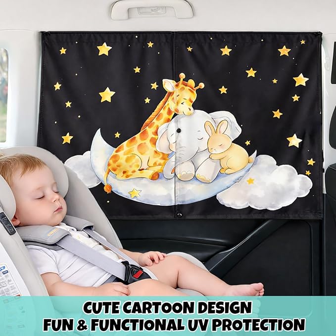 Car Window Shade for Baby, 2 Pack Double Layer with 7 Strong Magnets, Cute Giraffe & Star Design Baby Sun Shade for Car Window, Adjustable Blackout & See-Through Privacy Curtains UV Protection