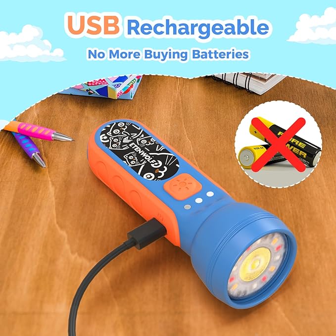 ETENWOLF L1 Rechargeable Flashlight for Kids,LED Flashlight with Fun DIY Stickers, 6 Light Modes, Adjustable Brightness, 1500mAh Battery, IPX5 Waterproof Flashlight for Camping, Home & Emergency