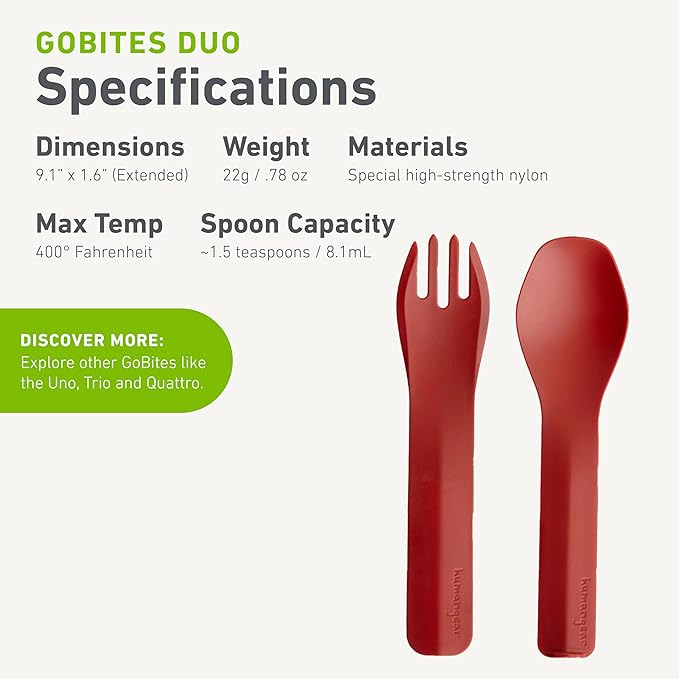 humangear GoBites Duo - Travel Silverware, Full Size Portable Fork & Spoon, Reusable Utensil Set, PC and BPA-free, Food-Safe, ﻿Extended - 9.1” X 1.6”