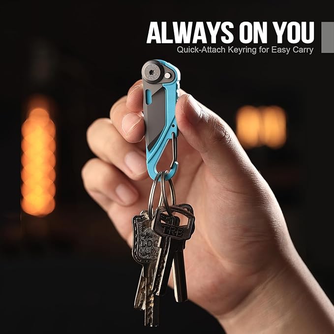 TACRAY Vinto 5-in-1 Small Pocket Knife – Ultra-Light Compact Multitool with Utility Knife, Seatbelt Cutter, Bottle Opener, Flathead Screwdriver & Keyring Attachment for Everyday Carry (Blue)